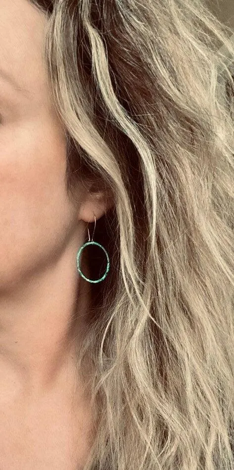 Thin Hoop Earrings, turquoise earrings, blue green circle earring, small circle earring, verdigris patina earring, copper hoop, silver hooks
