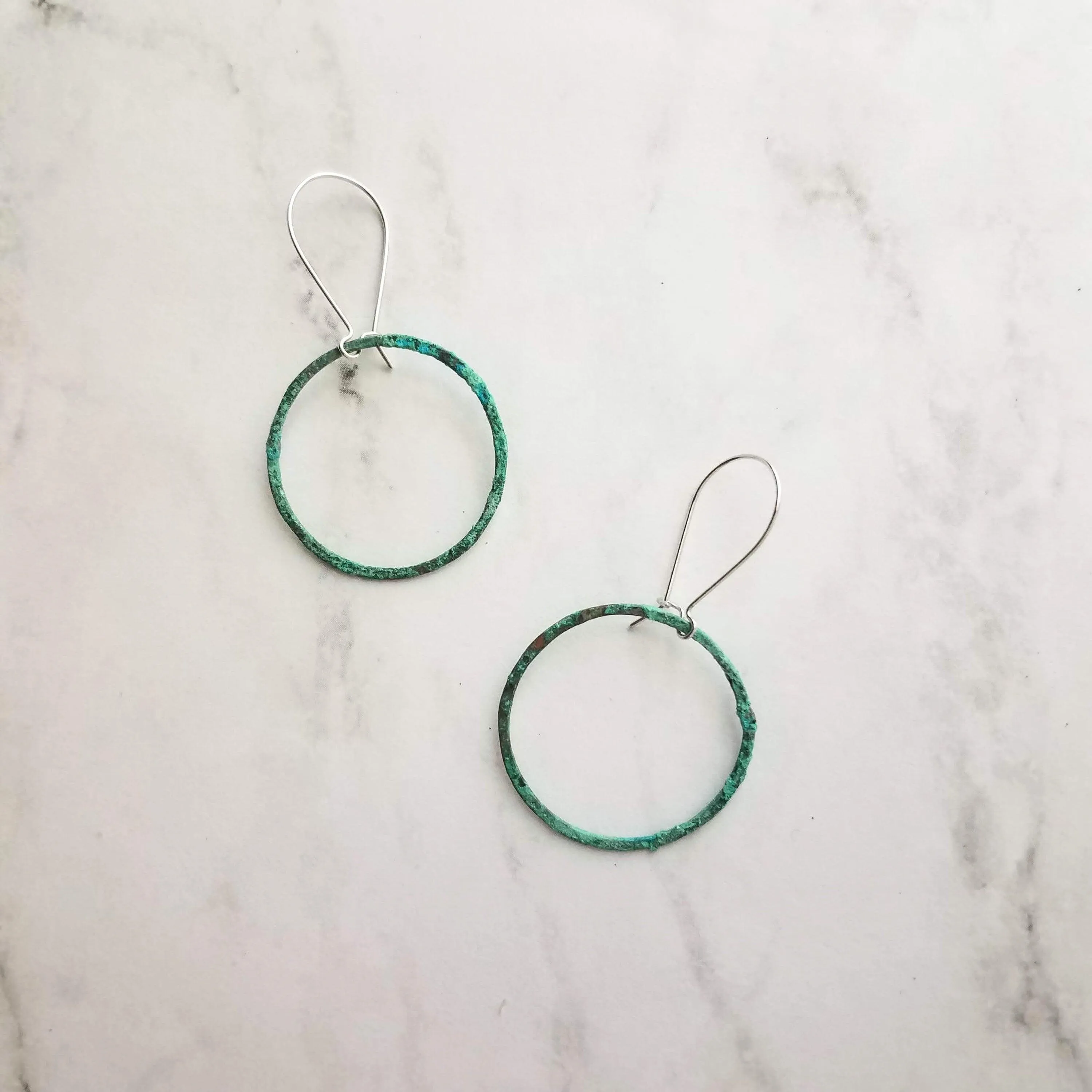 Thin Hoop Earrings, turquoise earrings, blue green circle earring, small circle earring, verdigris patina earring, copper hoop, silver hooks