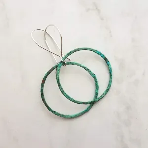 Thin Hoop Earrings, turquoise earrings, blue green circle earring, small circle earring, verdigris patina earring, copper hoop, silver hooks