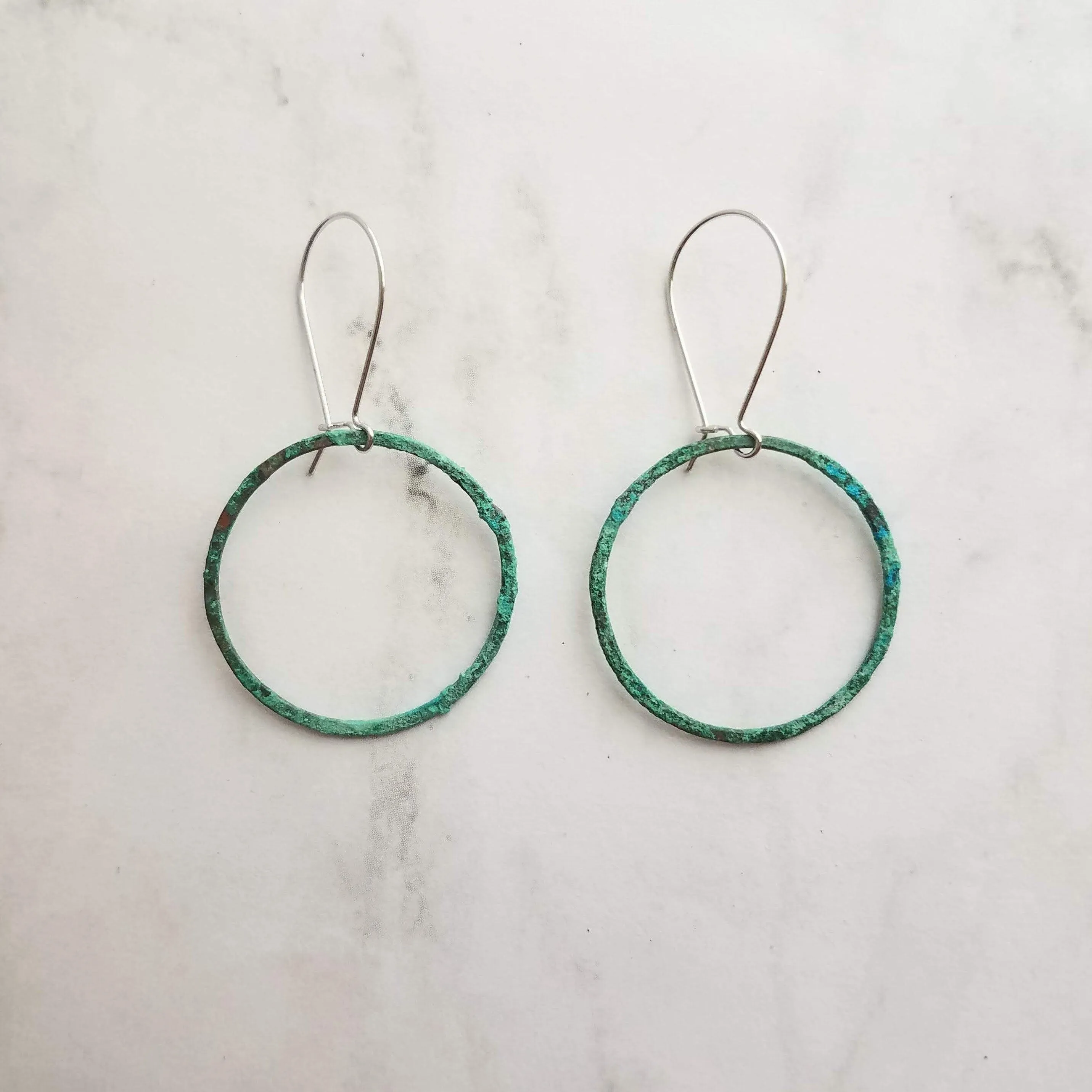 Thin Hoop Earrings, turquoise earrings, blue green circle earring, small circle earring, verdigris patina earring, copper hoop, silver hooks