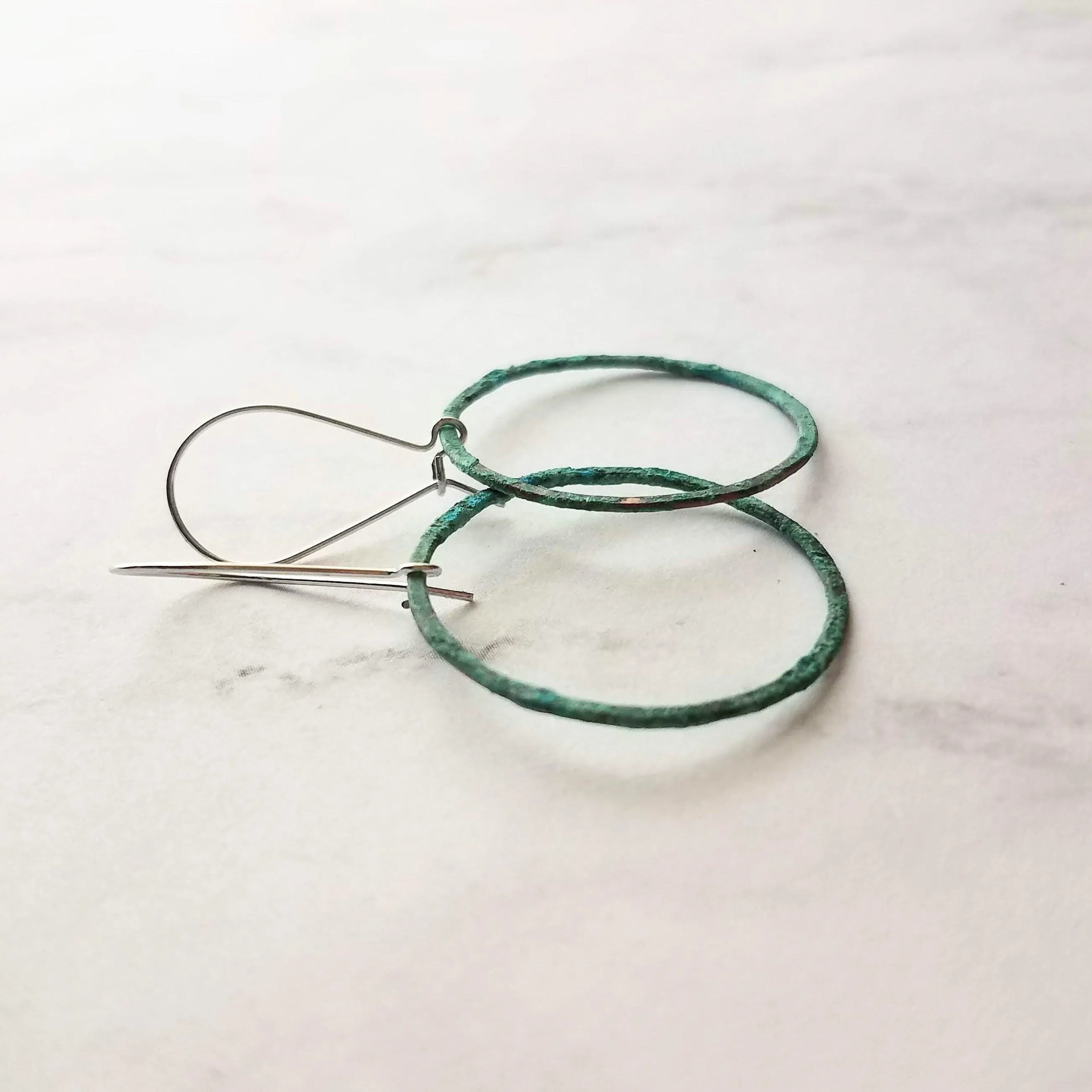 Thin Hoop Earrings, turquoise earrings, blue green circle earring, small circle earring, verdigris patina earring, copper hoop, silver hooks