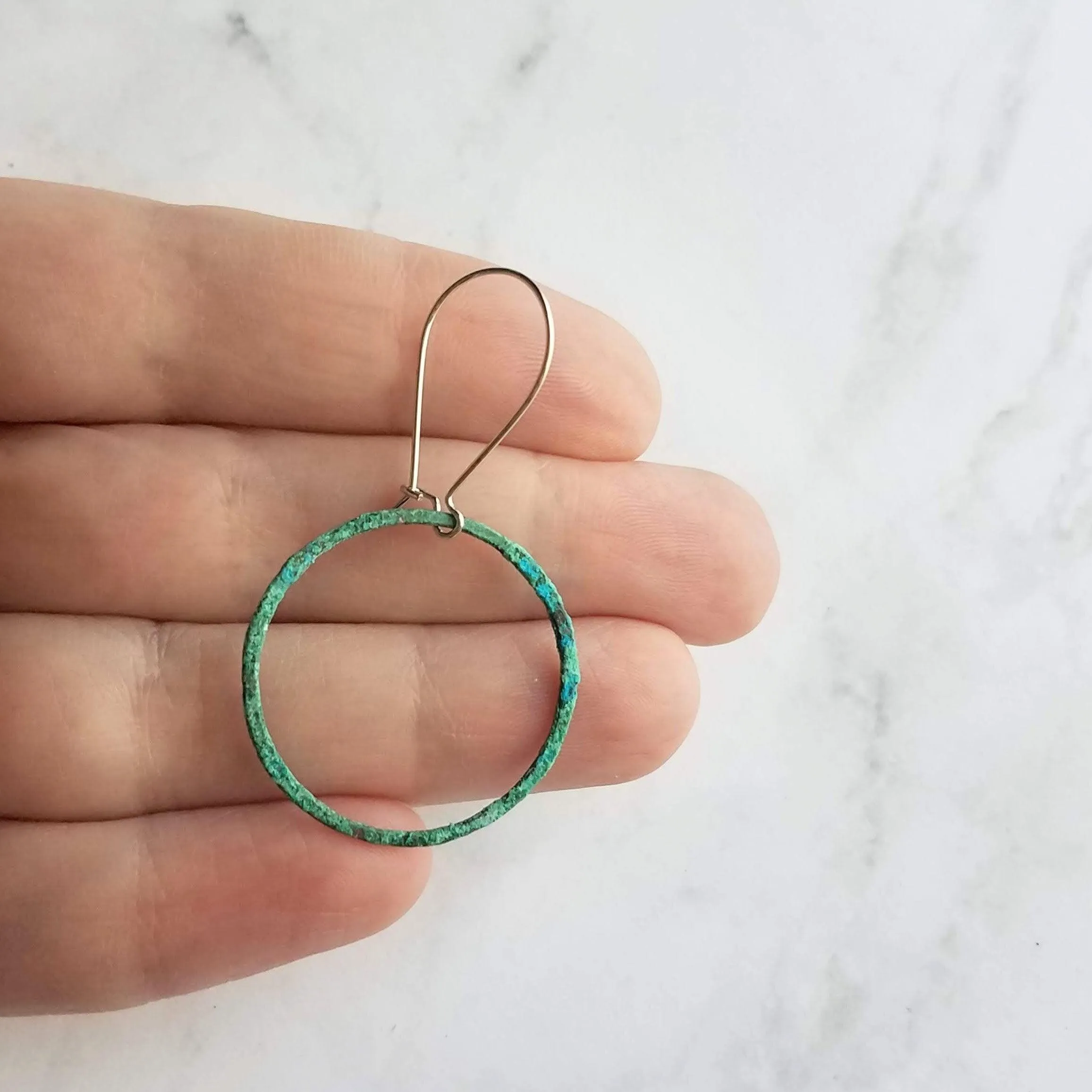 Thin Hoop Earrings, turquoise earrings, blue green circle earring, small circle earring, verdigris patina earring, copper hoop, silver hooks