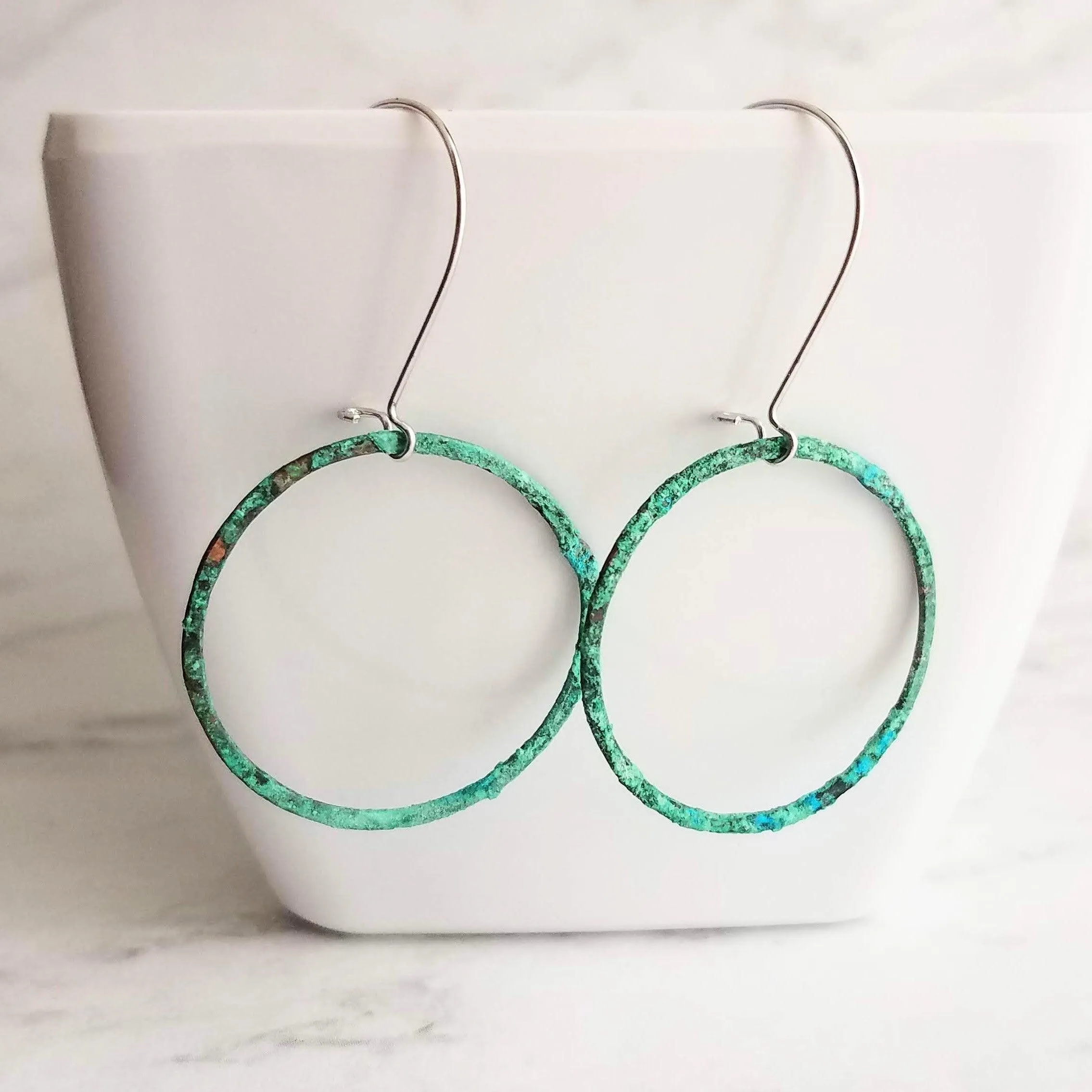 Thin Hoop Earrings, turquoise earrings, blue green circle earring, small circle earring, verdigris patina earring, copper hoop, silver hooks