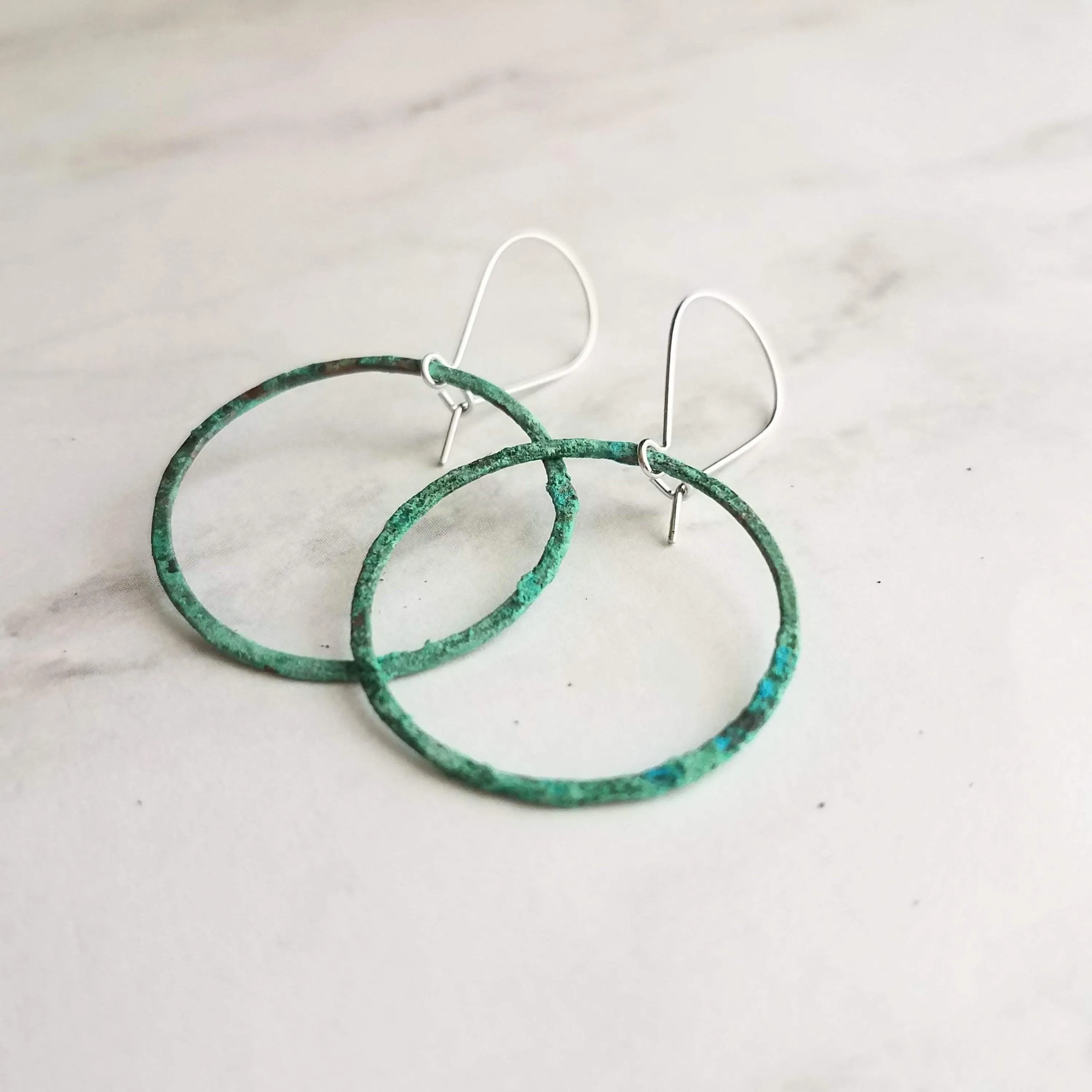 Thin Hoop Earrings, turquoise earrings, blue green circle earring, small circle earring, verdigris patina earring, copper hoop, silver hooks