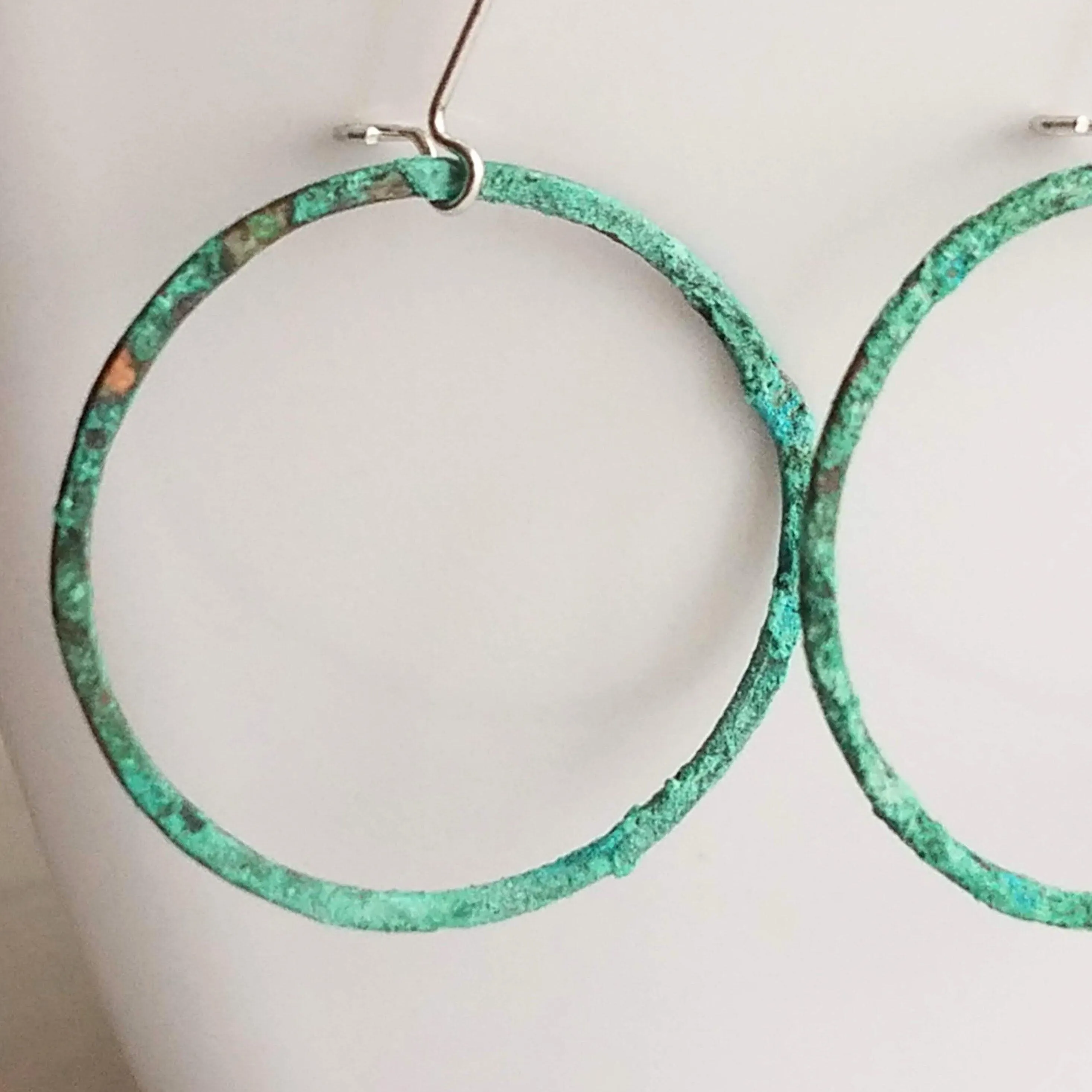 Thin Hoop Earrings, turquoise earrings, blue green circle earring, small circle earring, verdigris patina earring, copper hoop, silver hooks