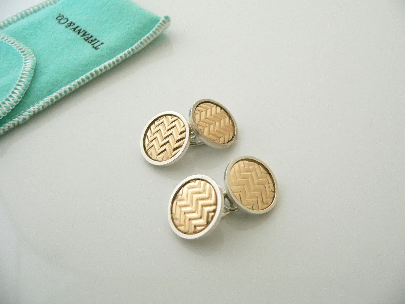Tiffany & Co Silver Gold Textured Double Circle Round Cuff Links Gift Pouch Love