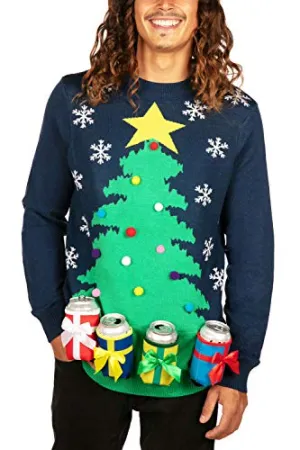 Tipsy Elves' Men's Christmas Tree with Beer Holsters Pullover - Funny Blue Ugly Christmas Sweater Size XX-Large