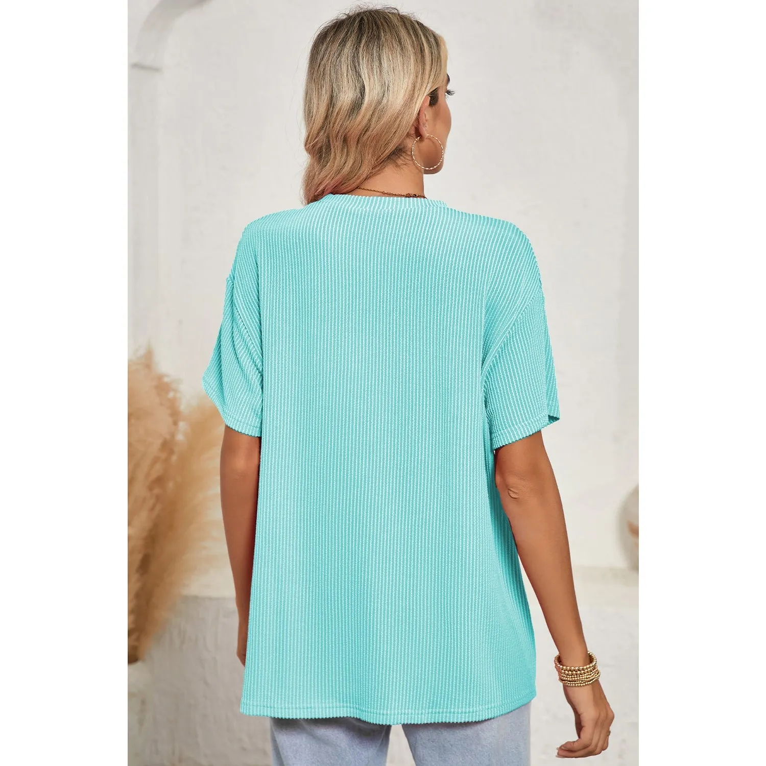 Turquoise Crinkle Rib Knit Pocketed Loose Fit Crew Neck T Shirt