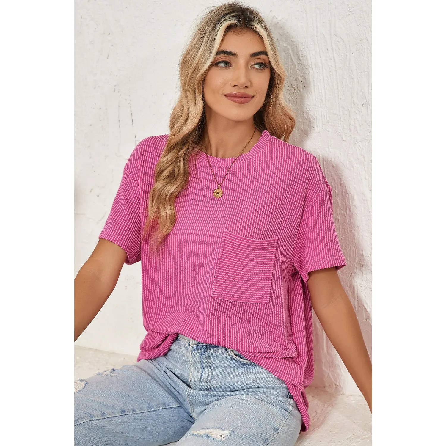 Turquoise Crinkle Rib Knit Pocketed Loose Fit Crew Neck T Shirt