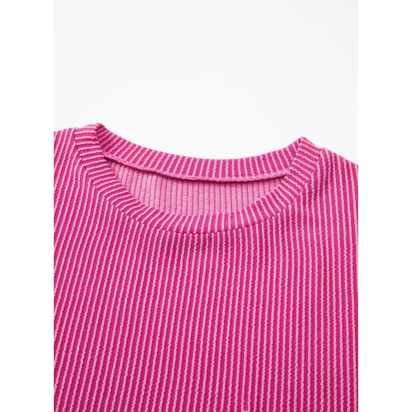 Turquoise Crinkle Rib Knit Pocketed Loose Fit Crew Neck T Shirt