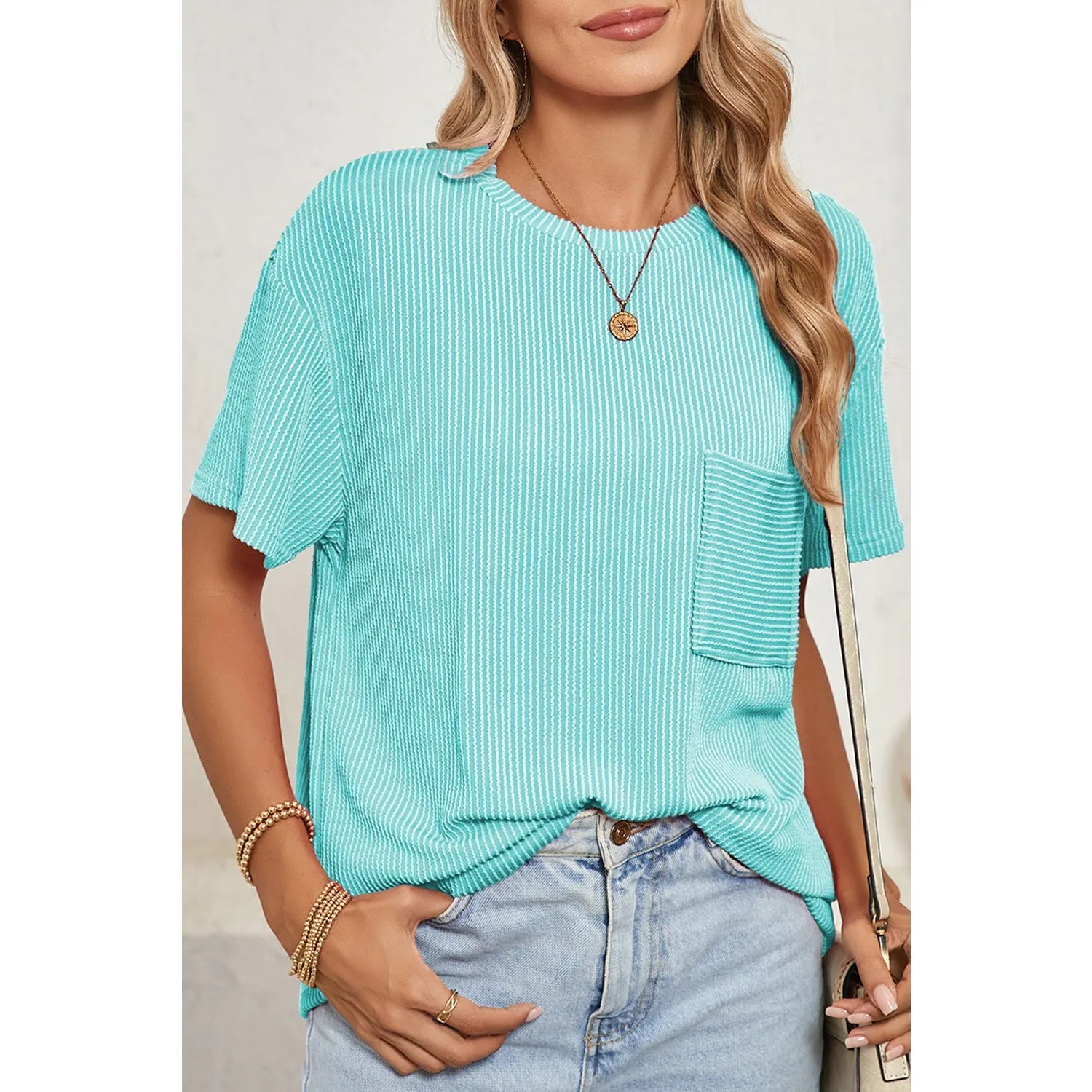 Turquoise Crinkle Rib Knit Pocketed Loose Fit Crew Neck T Shirt