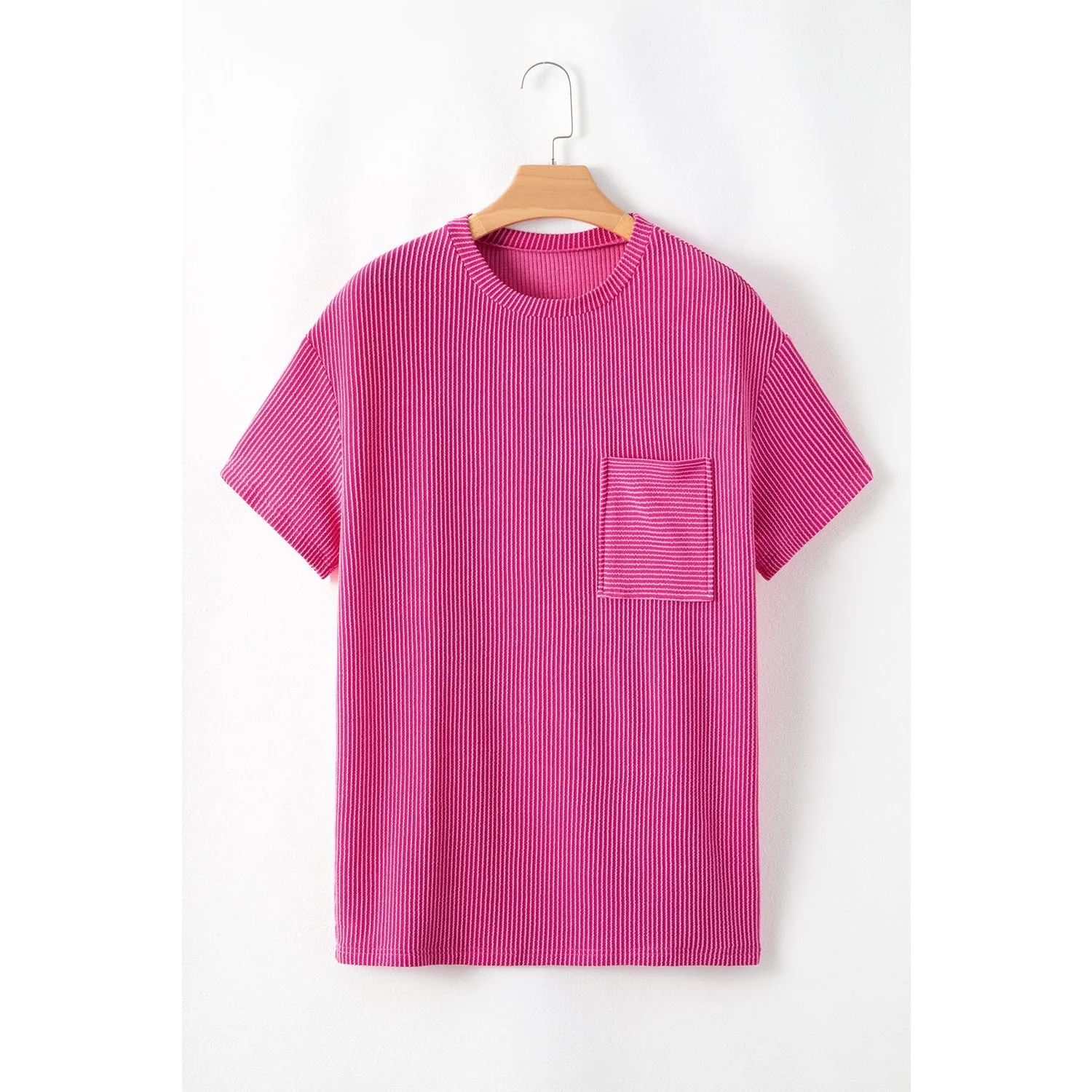 Turquoise Crinkle Rib Knit Pocketed Loose Fit Crew Neck T Shirt