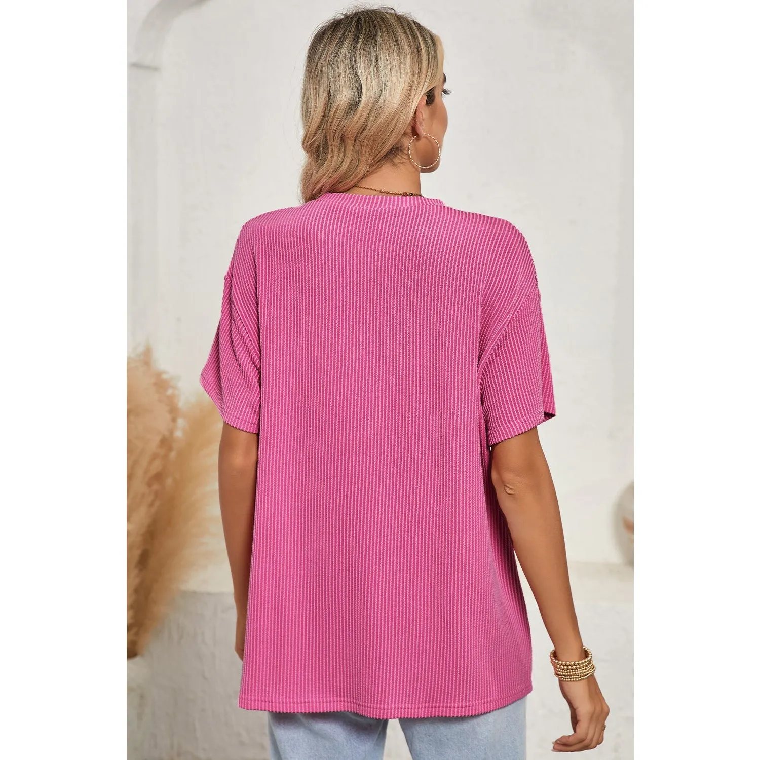 Turquoise Crinkle Rib Knit Pocketed Loose Fit Crew Neck T Shirt