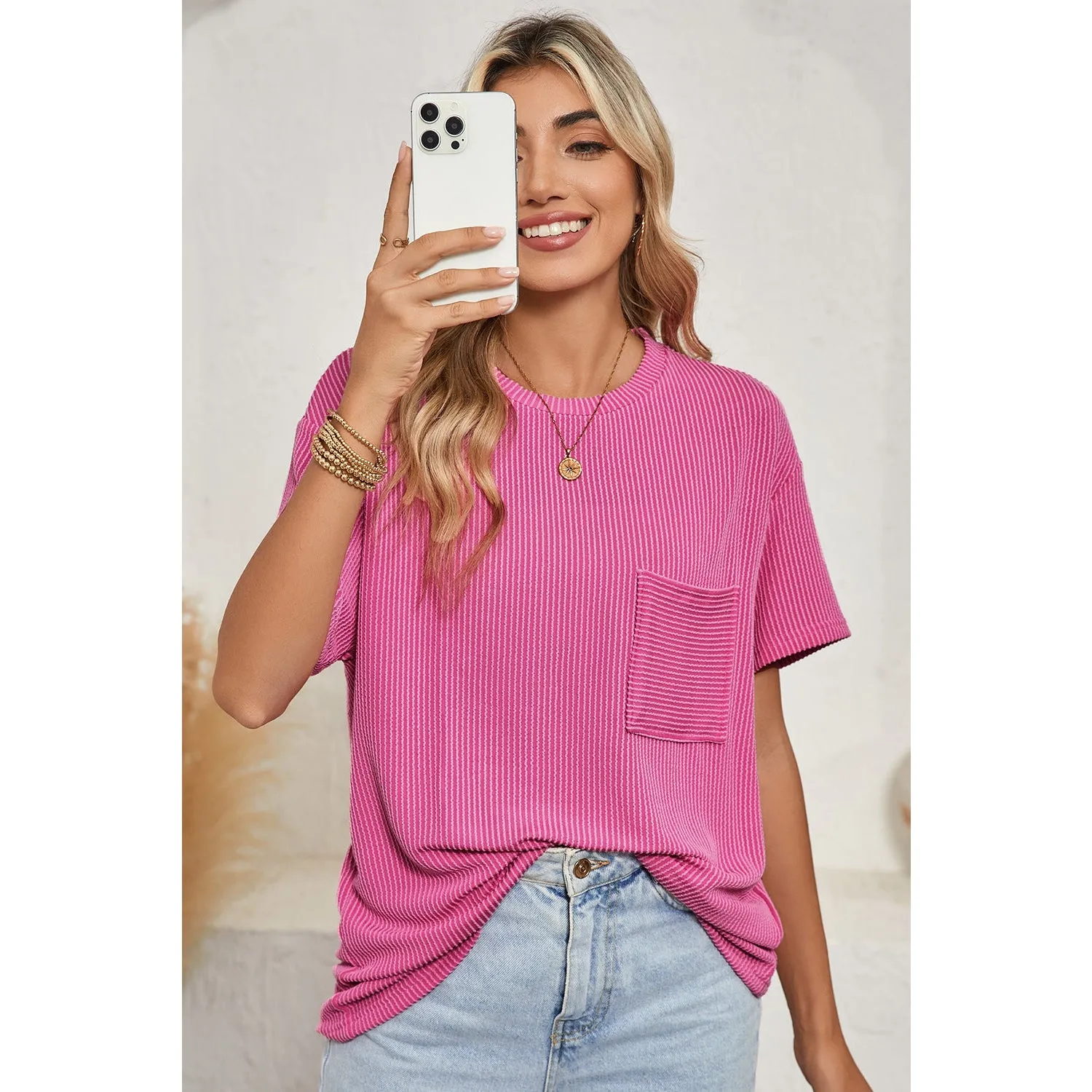 Turquoise Crinkle Rib Knit Pocketed Loose Fit Crew Neck T Shirt