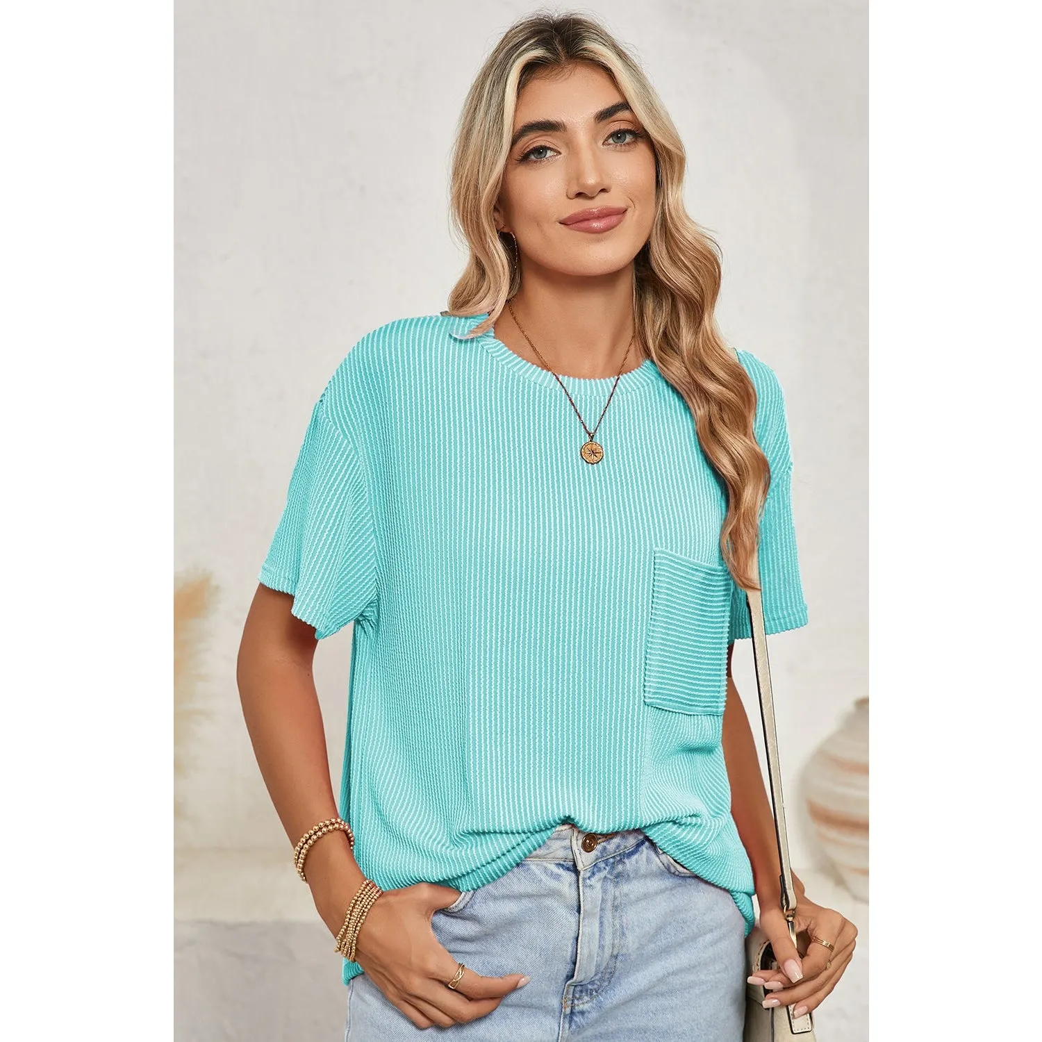 Turquoise Crinkle Rib Knit Pocketed Loose Fit Crew Neck T Shirt