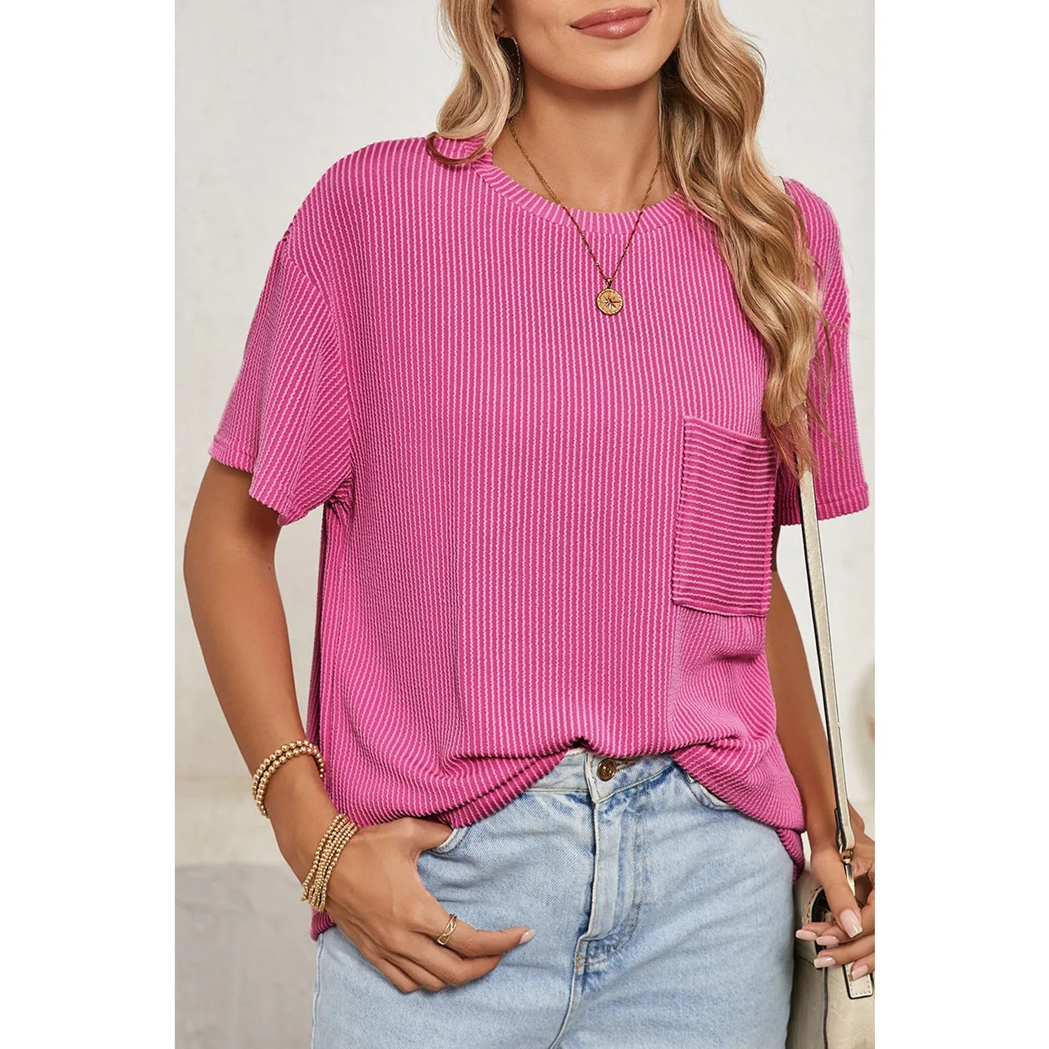 Turquoise Crinkle Rib Knit Pocketed Loose Fit Crew Neck T Shirt