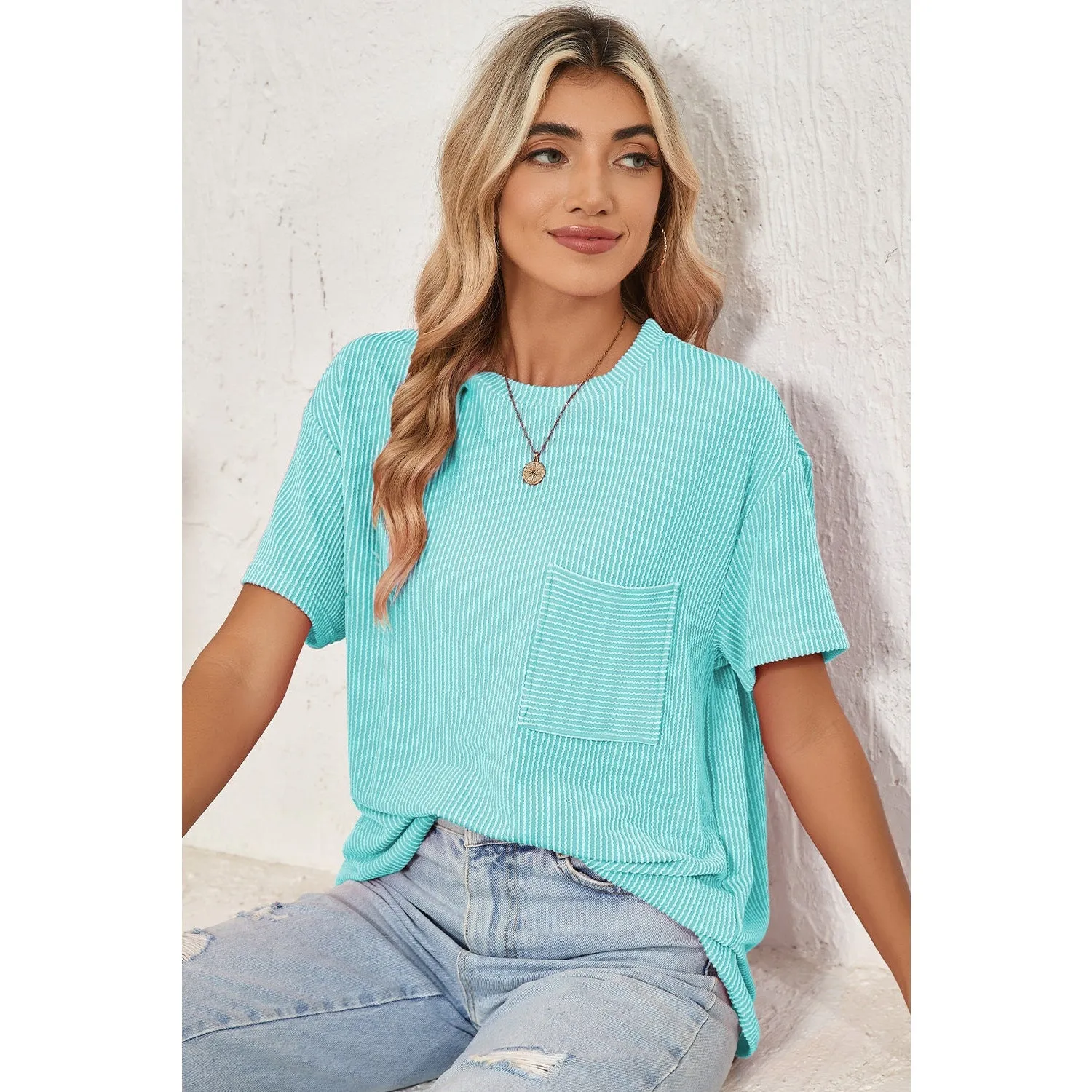 Turquoise Crinkle Rib Knit Pocketed Loose Fit Crew Neck T Shirt
