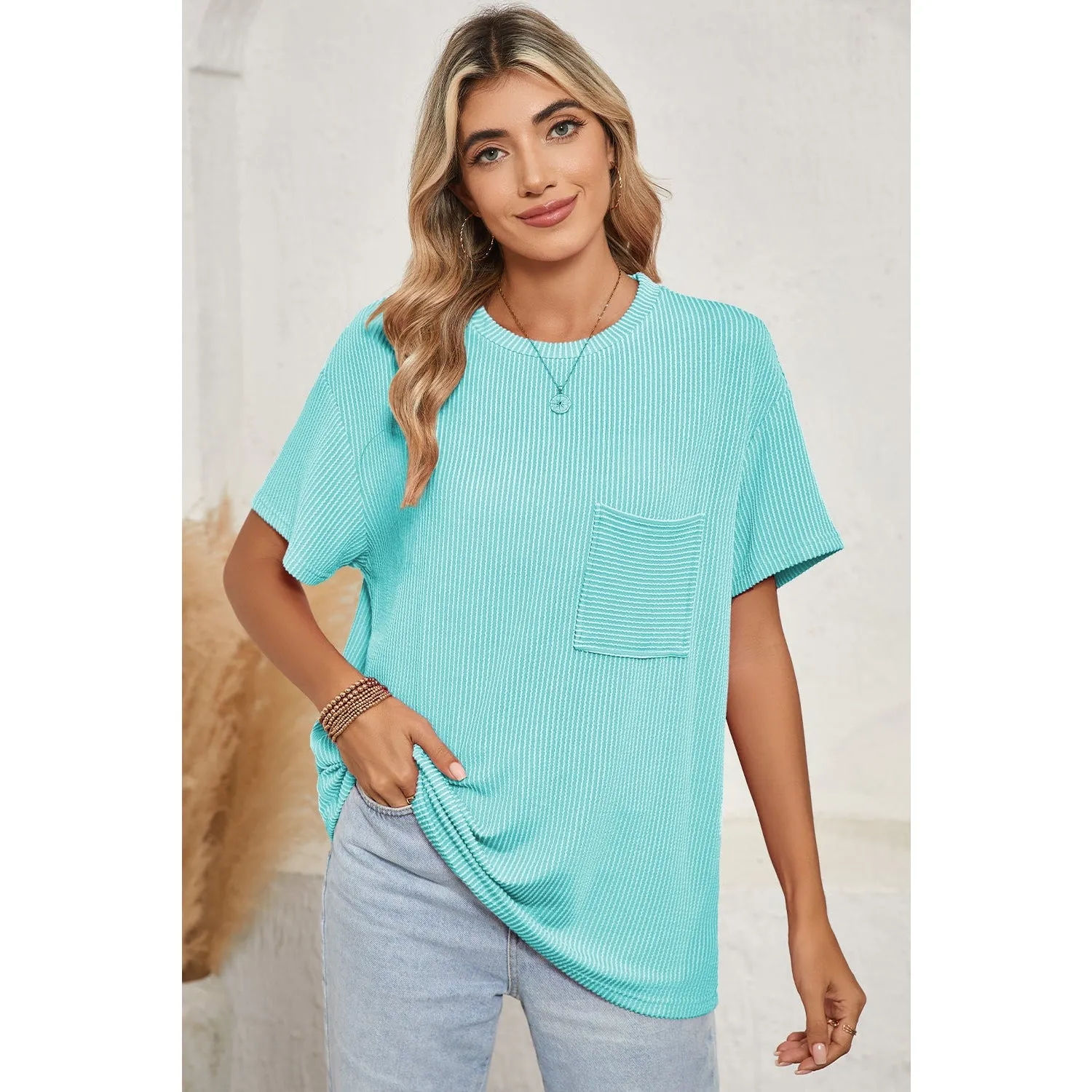 Turquoise Crinkle Rib Knit Pocketed Loose Fit Crew Neck T Shirt