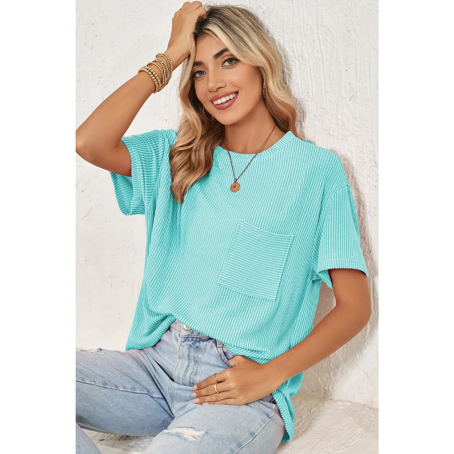 Turquoise Crinkle Rib Knit Pocketed Loose Fit Crew Neck T Shirt