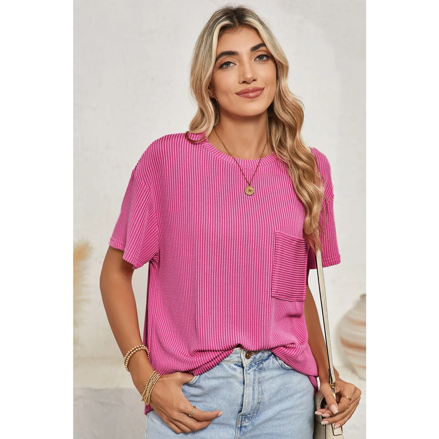 Turquoise Crinkle Rib Knit Pocketed Loose Fit Crew Neck T Shirt