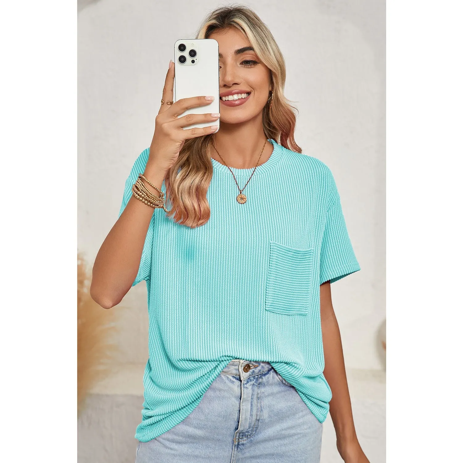 Turquoise Crinkle Rib Knit Pocketed Loose Fit Crew Neck T Shirt