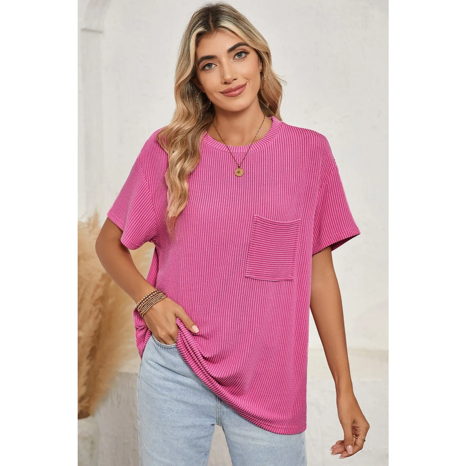 Turquoise Crinkle Rib Knit Pocketed Loose Fit Crew Neck T Shirt