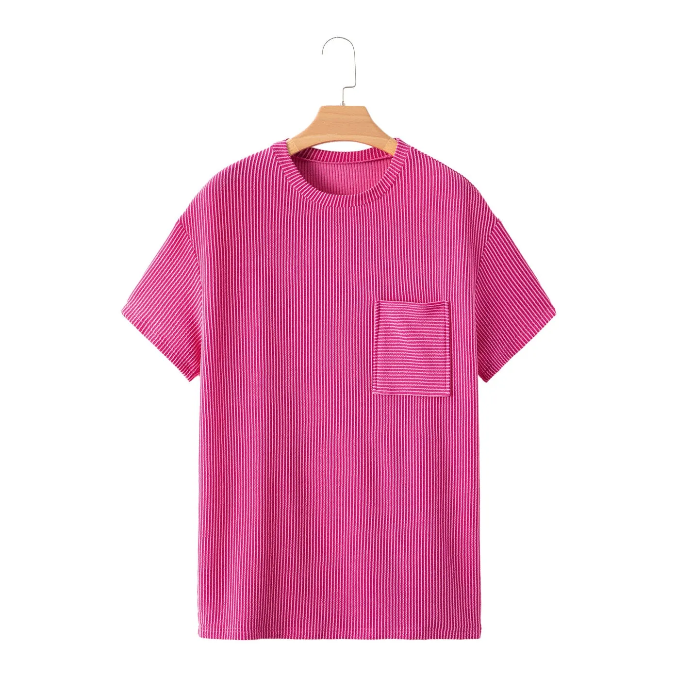 Turquoise Crinkle Rib Knit Pocketed Loose Fit Crew Neck T Shirt