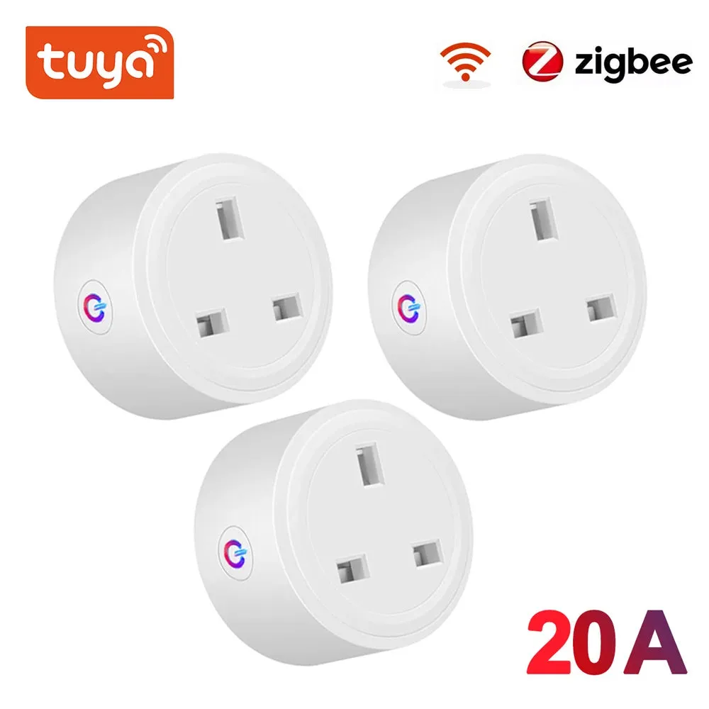 Tuya 20A Zigbee Smart Plug UK Socket Power Strip Mini Home Wireless Outlet with Energy Monitor Compatible with Alexa Google Home