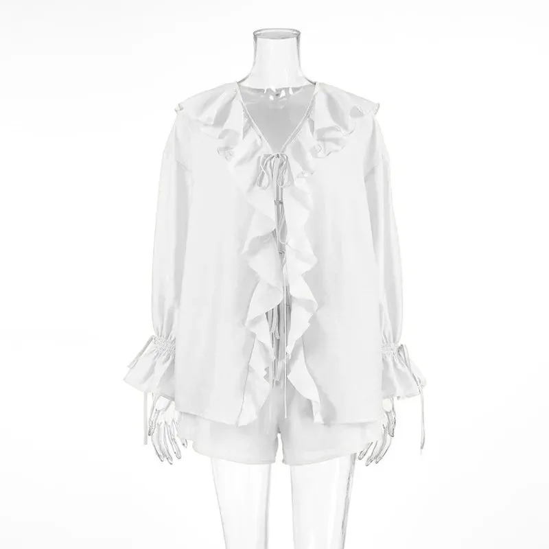 Two-piece Set Women's Ruffled Loose Tie Top And Shorts