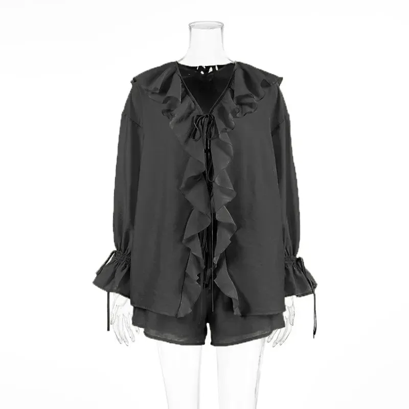 Two-piece Set Women's Ruffled Loose Tie Top And Shorts