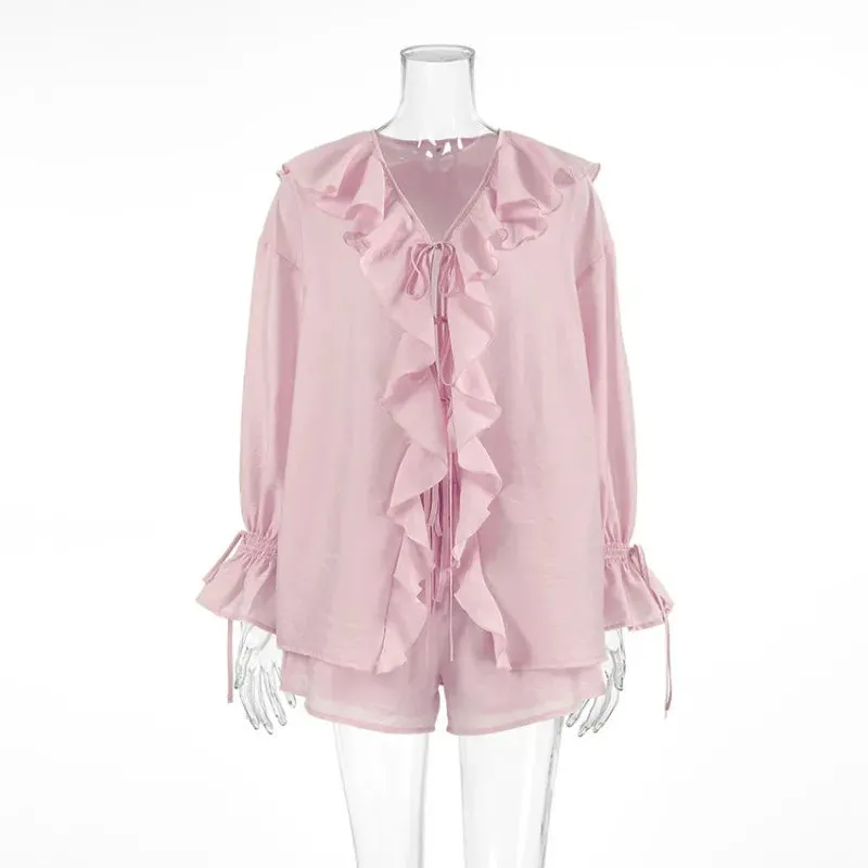 Two-piece Set Women's Ruffled Loose Tie Top And Shorts