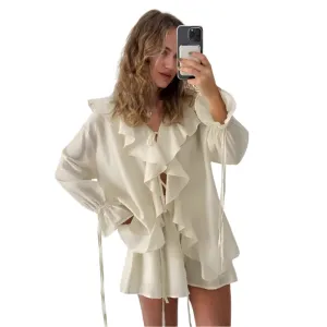 Two-piece Set Women's Ruffled Loose Tie Top And Shorts