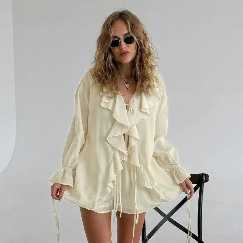 Two-piece Set Women's Ruffled Loose Tie Top And Shorts