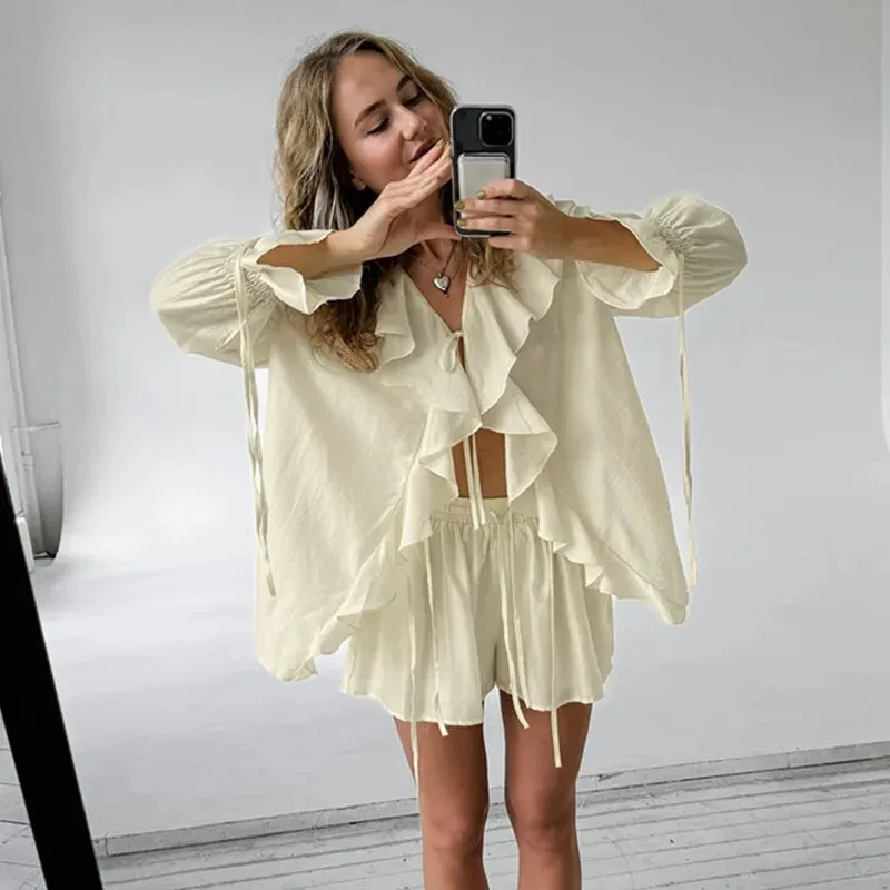 Two-piece Set Women's Ruffled Loose Tie Top And Shorts