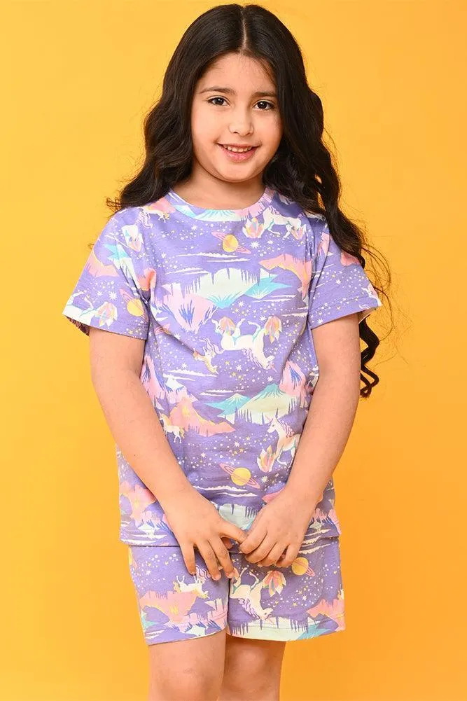 UNICORN PLANET SLEEPWEAR SHORTS SET - PURPLE