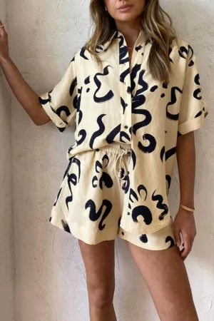 Unique Warm Sun Print Loose Shirt Shorts Set