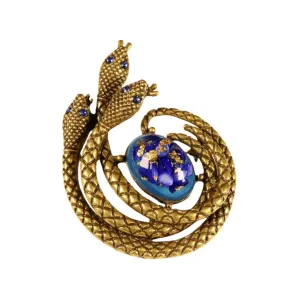 Vintage Gold Tri-Head Brooch with Blue Glass