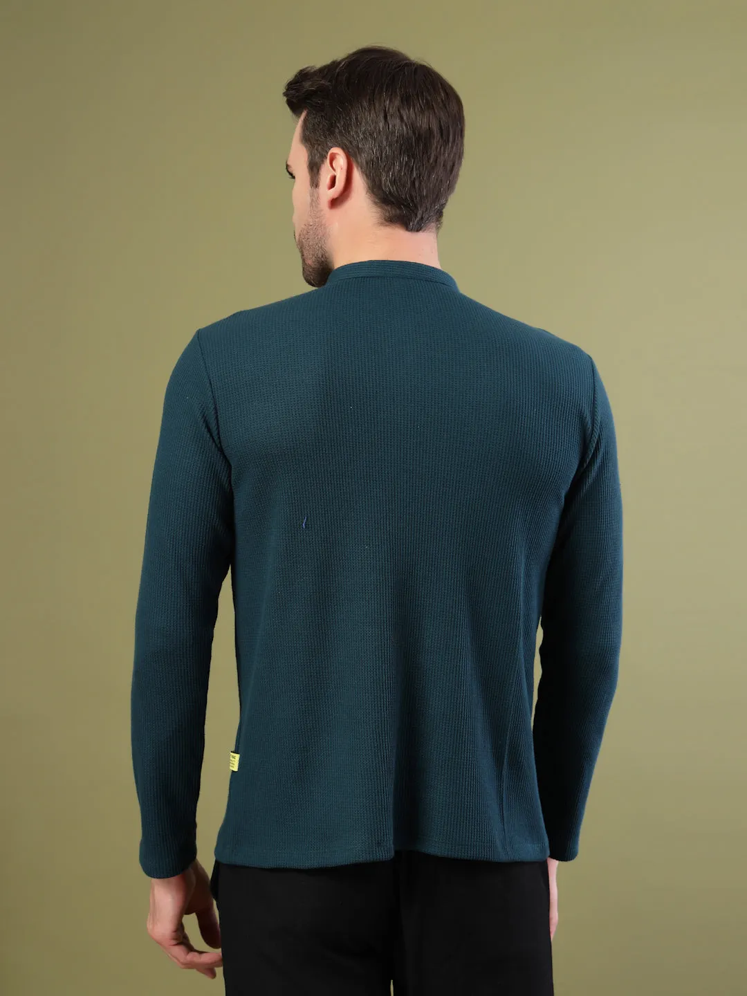 Waffle Knit Chinese Collar T-Shirt