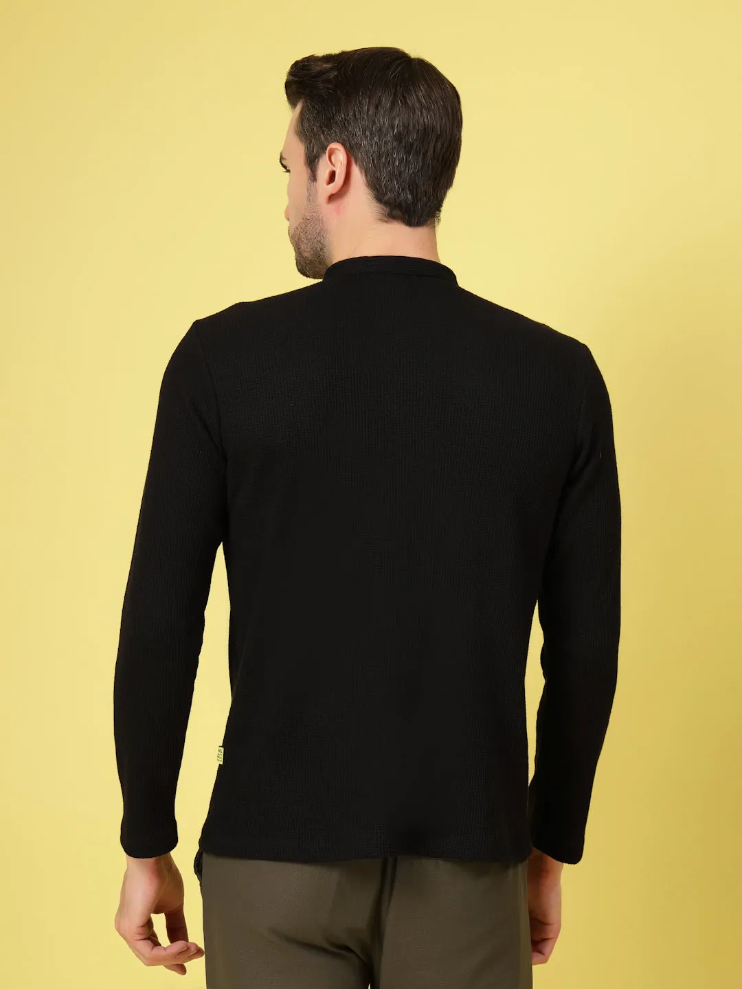 Waffle Knit Chinese Collar T-Shirt