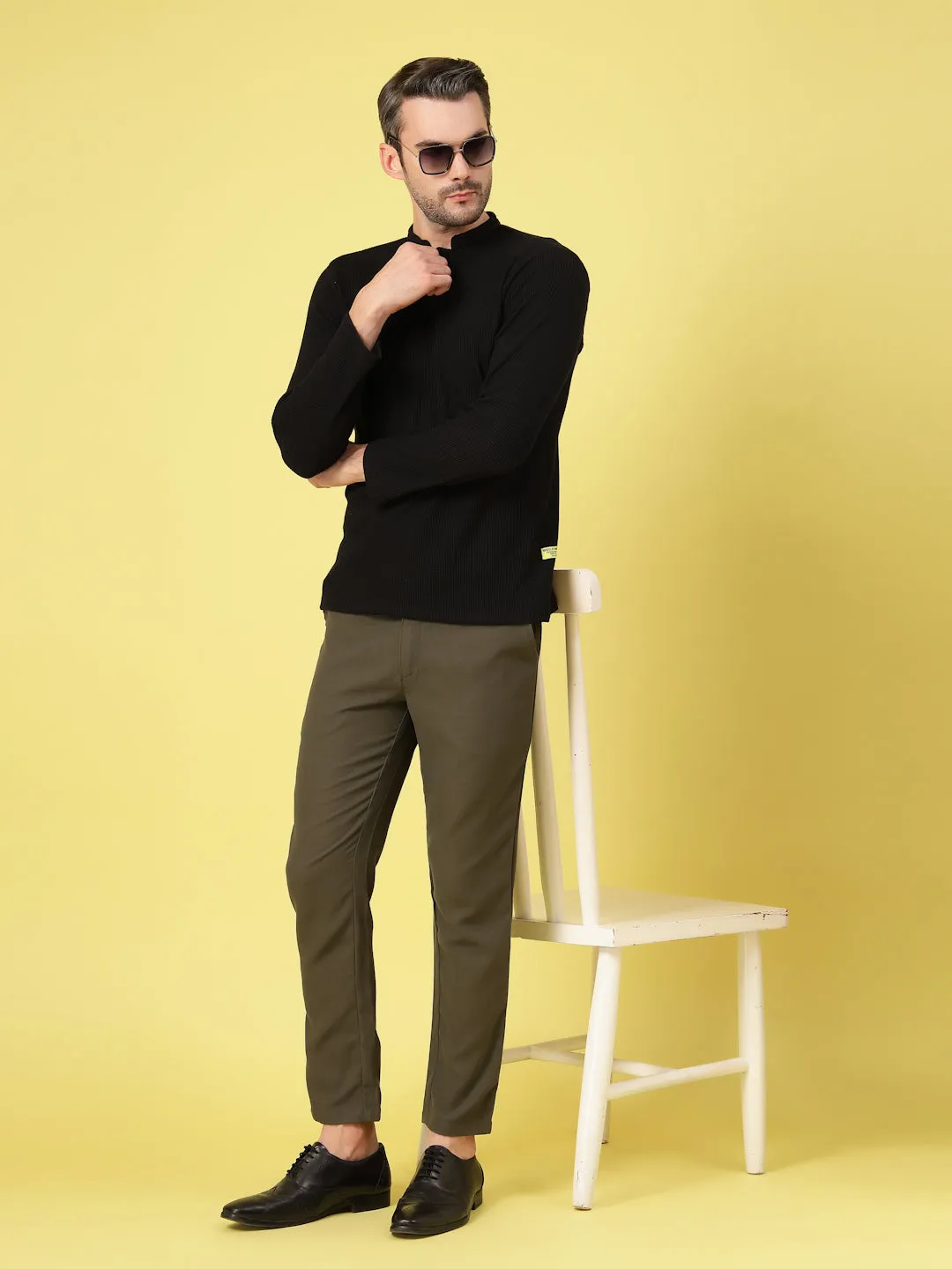 Waffle Knit Chinese Collar T-Shirt