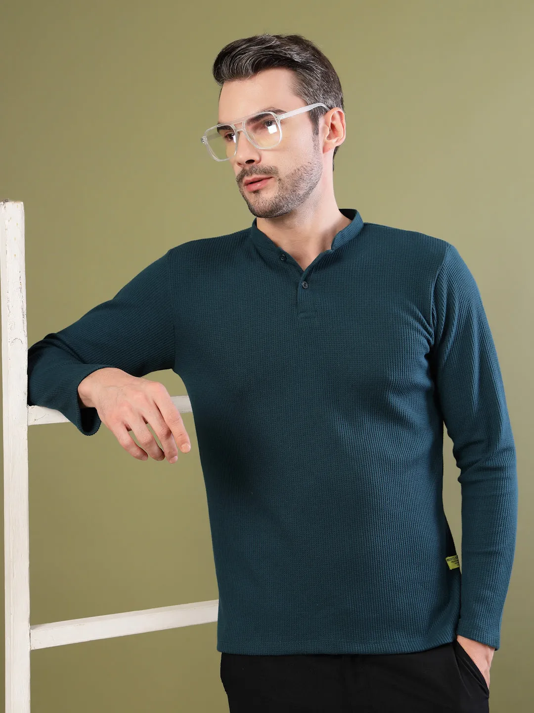 Waffle Knit Chinese Collar T-Shirt