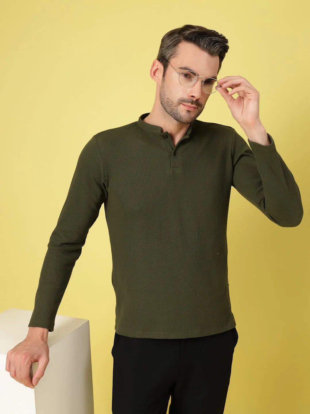 Waffle Knit Chinese Collar T-Shirt