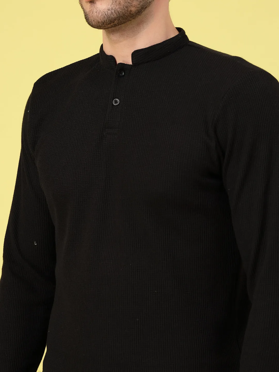 Waffle Knit Chinese Collar T-Shirt