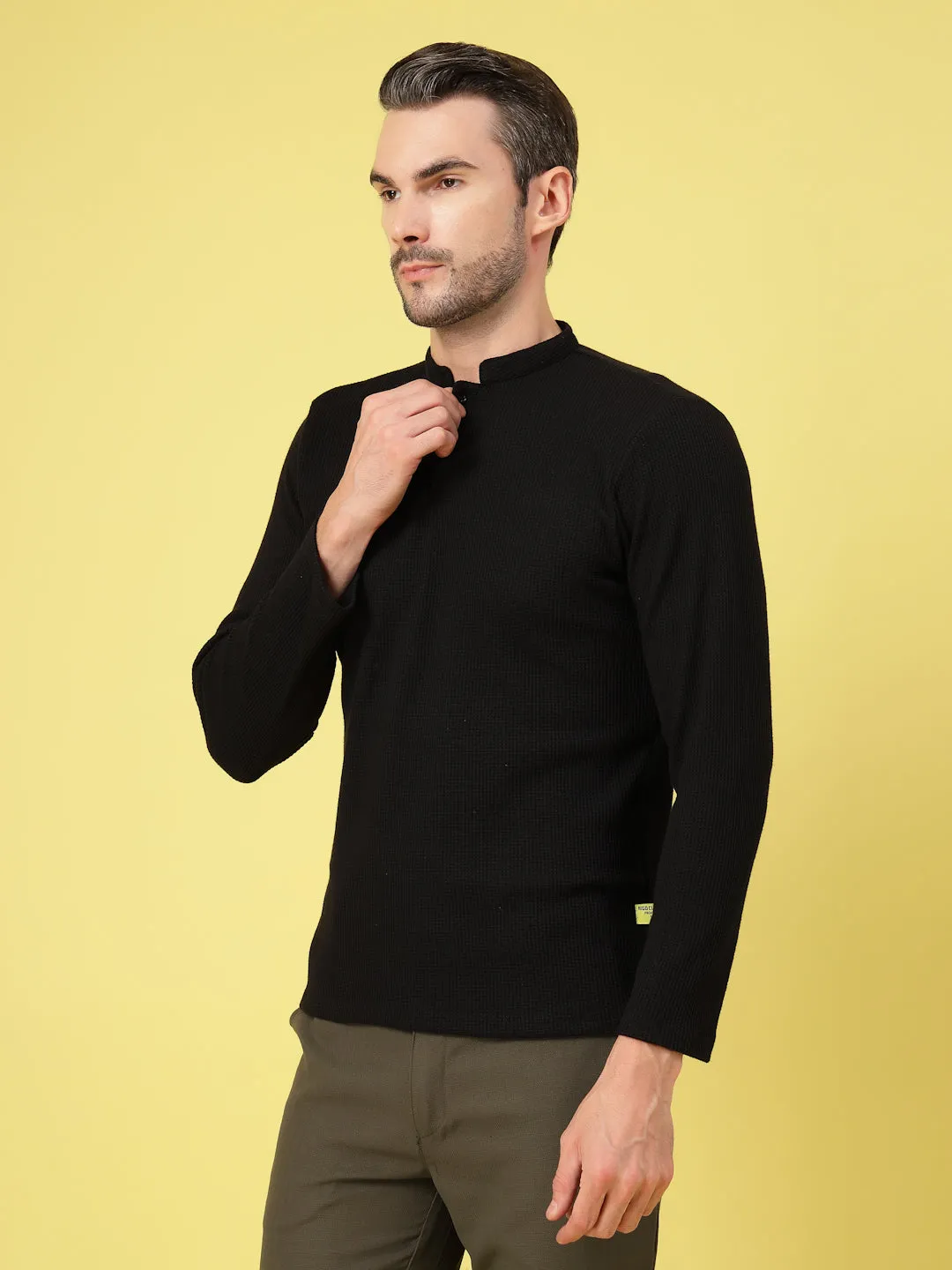 Waffle Knit Chinese Collar T-Shirt