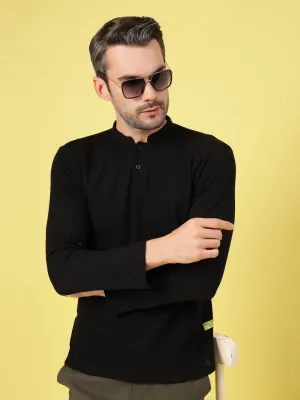 Waffle Knit Chinese Collar T-Shirt