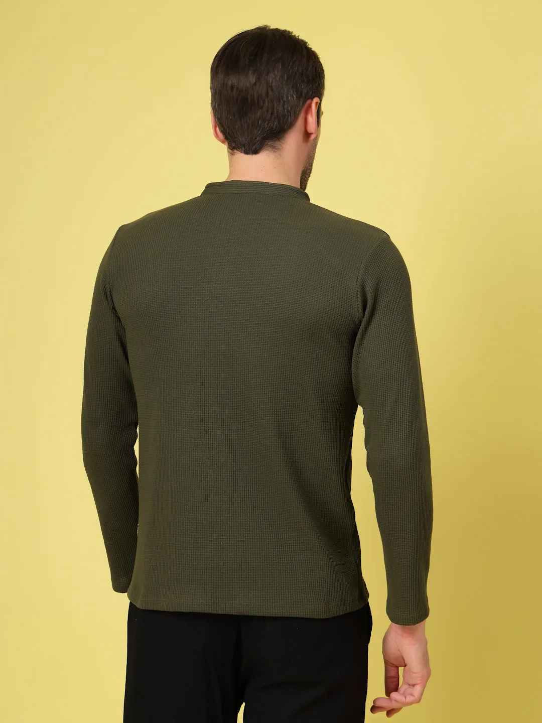Waffle Knit Chinese Collar T-Shirt