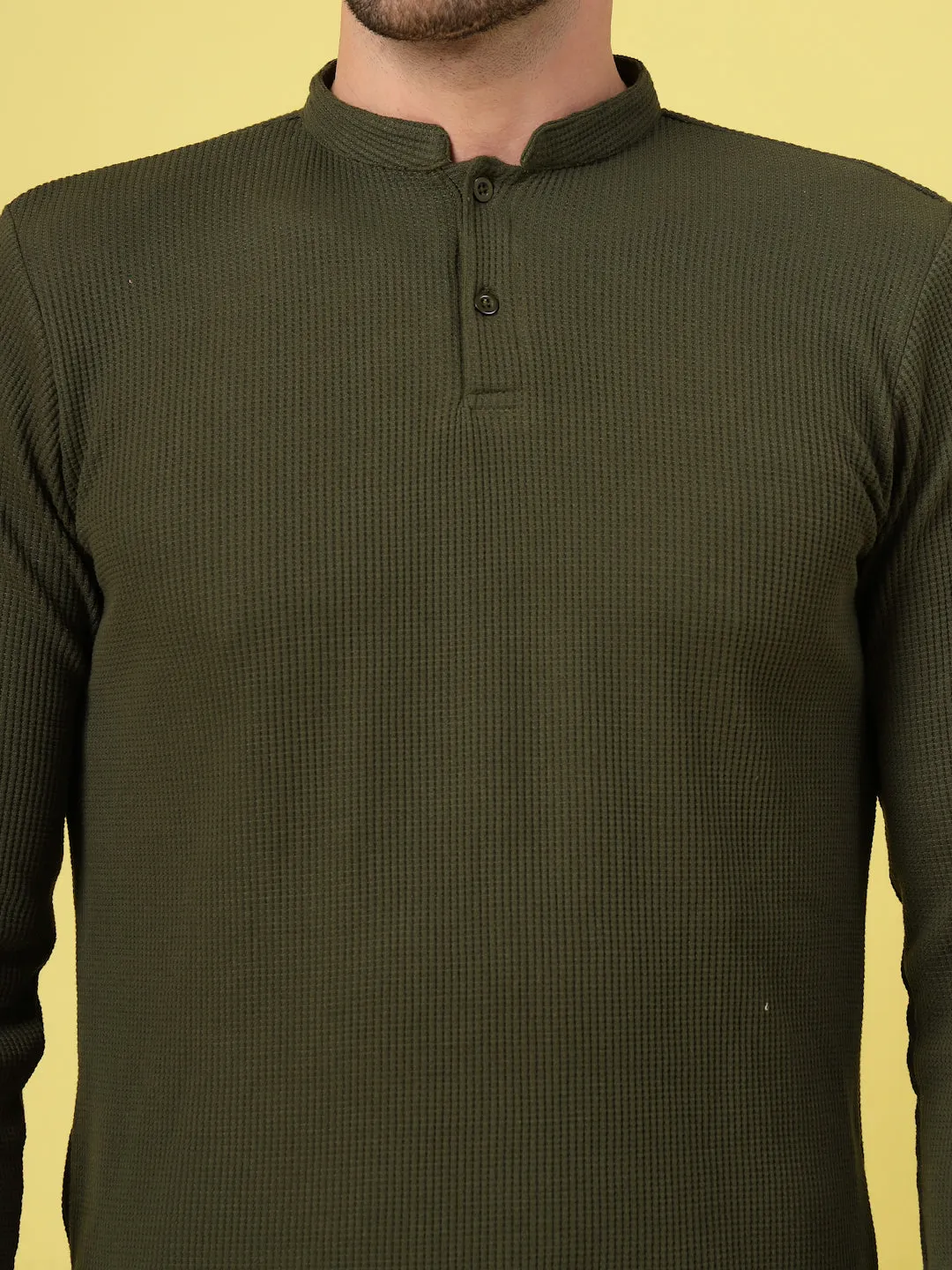 Waffle Knit Chinese Collar T-Shirt