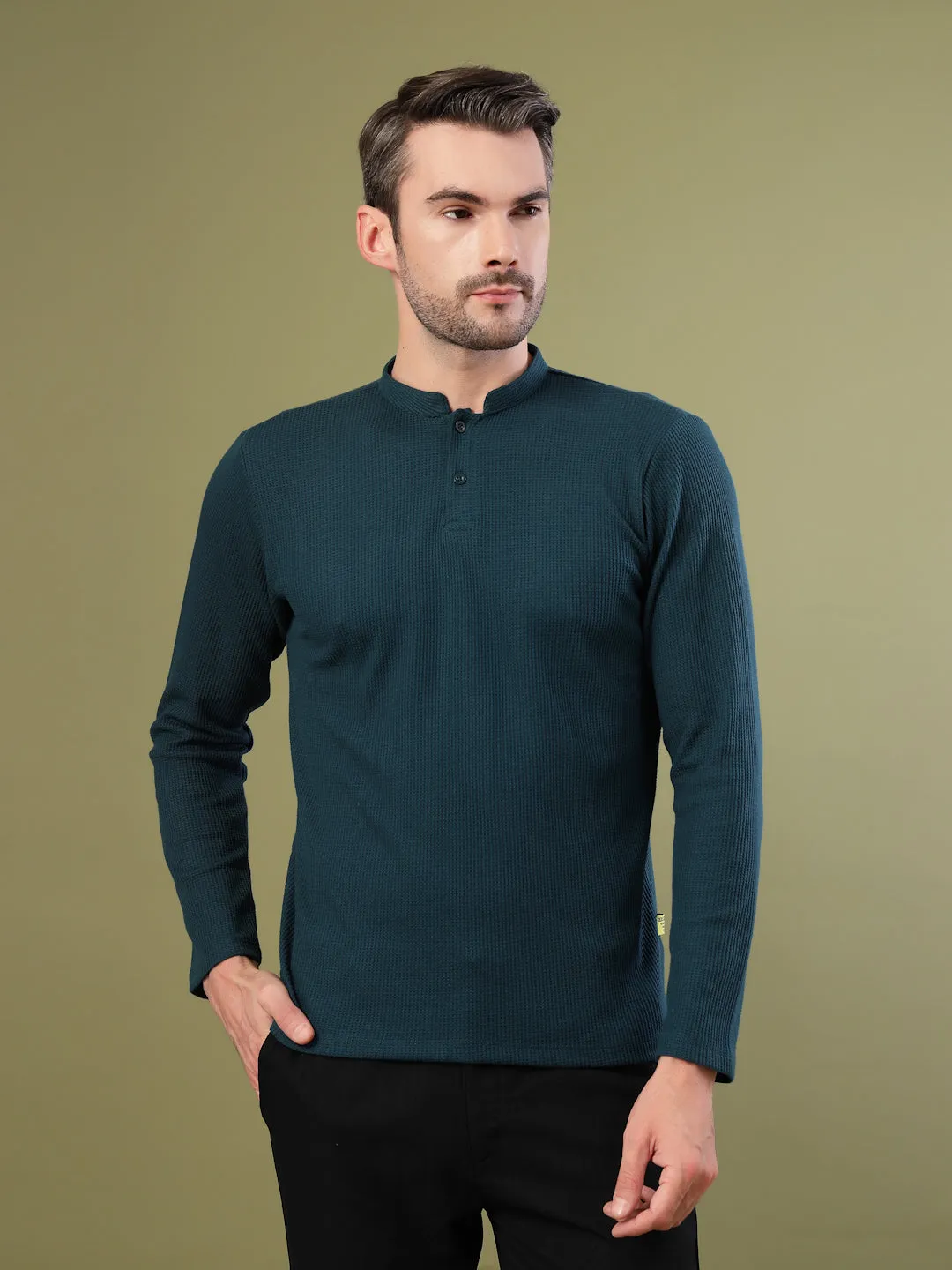 Waffle Knit Chinese Collar T-Shirt