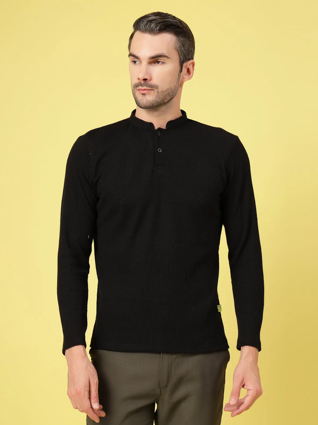 Waffle Knit Chinese Collar T-Shirt