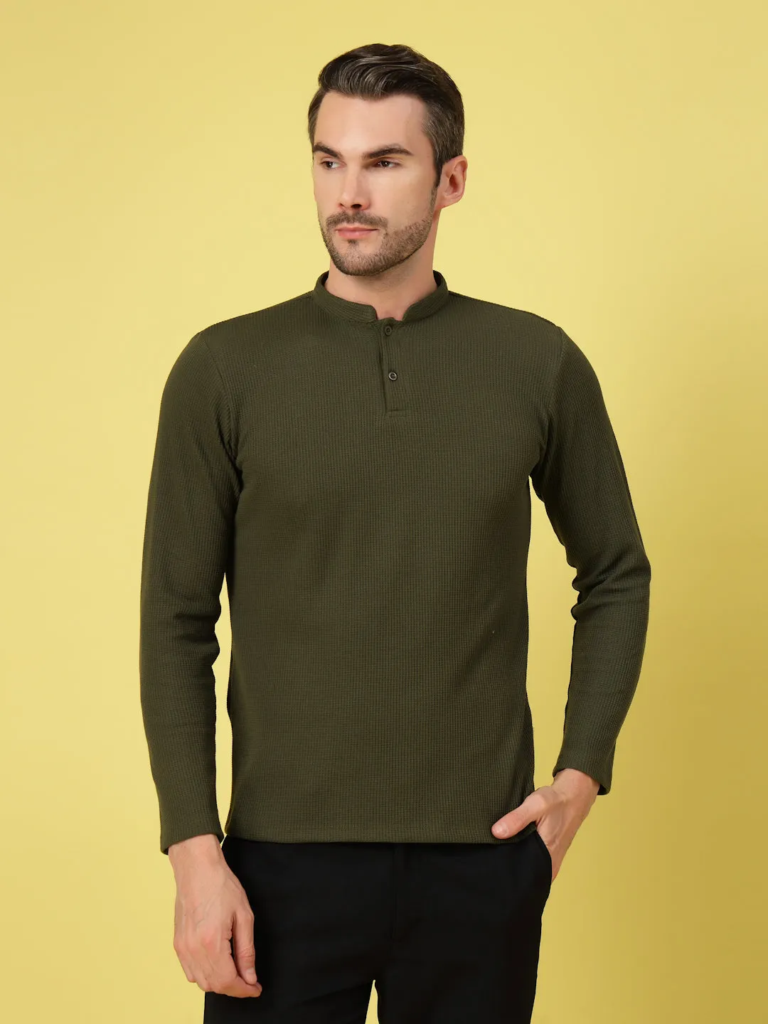Waffle Knit Chinese Collar T-Shirt